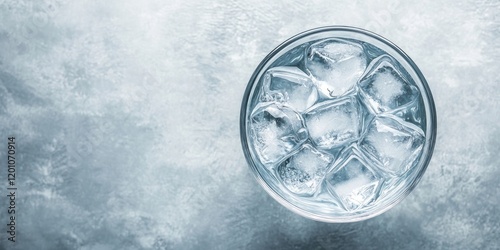 Glass of water with ice cubes centered on a textured gray background top view ample negative space for text above and below the glass