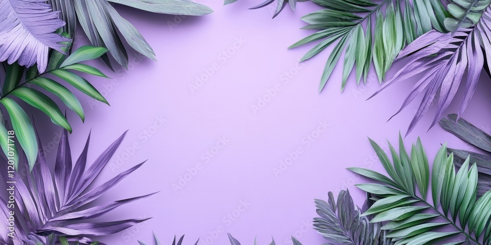 Lush green leaves and light violet backdrop with palm branches framing a central space ideal for design text applications and creative projects Lush green leaves and light violet backdrop with palm branches framing a central space ideal for design text applications and creative projects