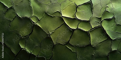 Close-up of textured green skin-like surface featuring cracked patterns and a subtle shine creating a organic and earthy feel. photo