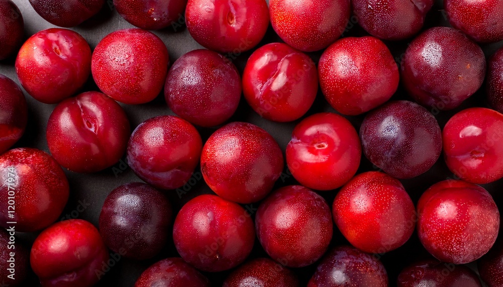 Flat Lay Top View of Bright Ripe Fragrant Red Plum Fruit as Background Flat Lay Top View of Bright Ripe Fragrant Red Plum Fruit as Background