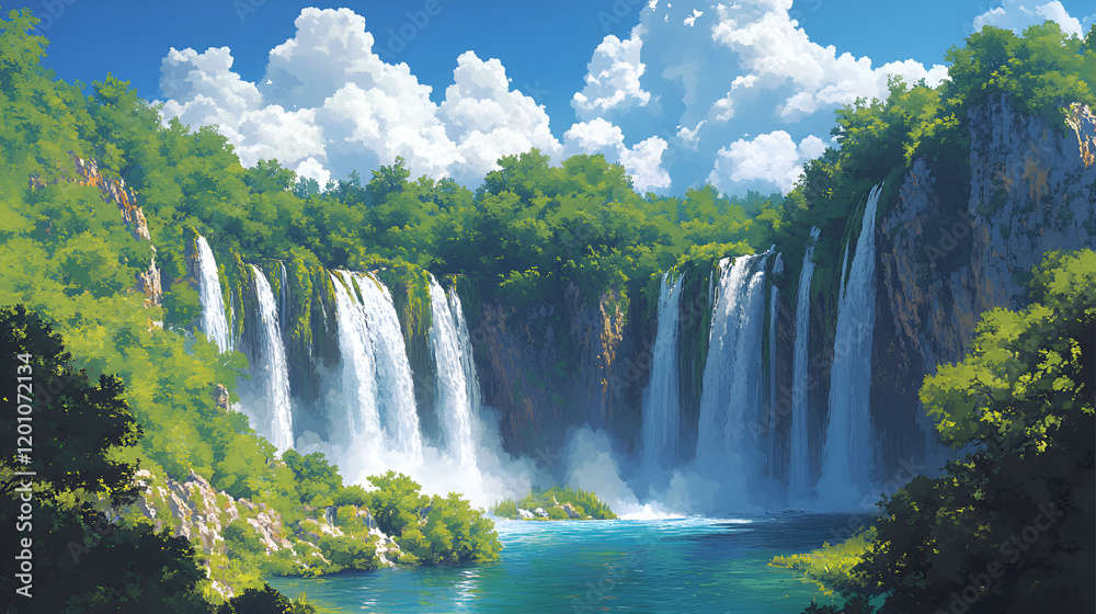 Naklejka premium Serene Waterfall Cascading Down Lush Green Cliffs