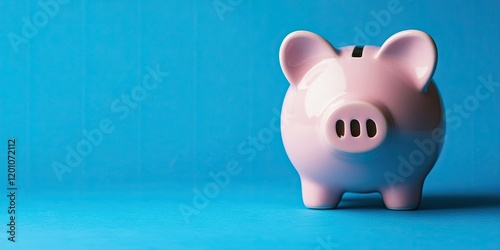 Pink piggy bank positioned to the right against a vibrant blue background with ample copy space on the left ideal for banners and advertisements photo