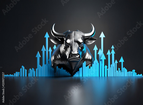 A metallic bull, symbol of financial growth, stands amidst upward-trending blue arrows and bars, representing market increase and positive economic trends. photo