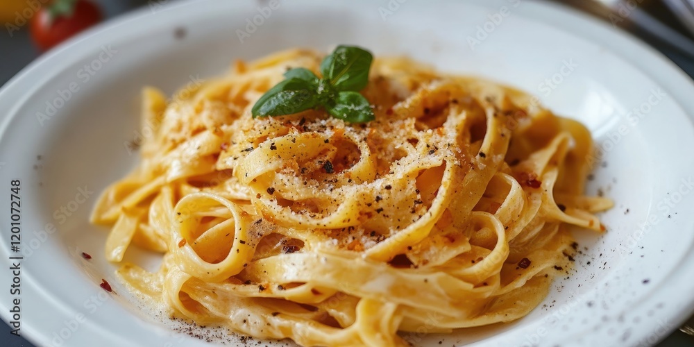 Fettuccine pasta garnished with basil leaves on a white plate; creamy texture with red pepper flakes; warm tones of yellow and beige. Fettuccine pasta garnished with basil leaves on a white plate; creamy texture with red pepper flakes; warm tones of yellow and beige.