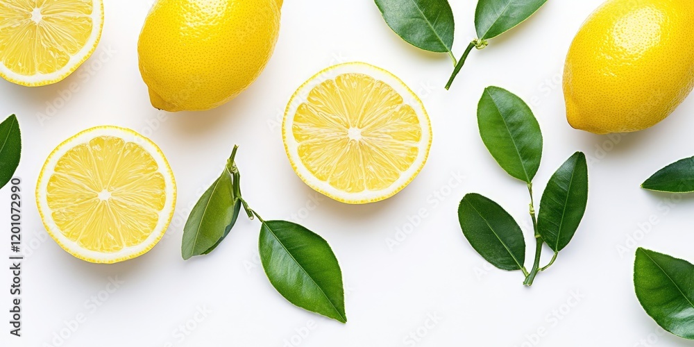 Fresh lemons and green leaves arranged on a clean white background showcasing whole and sliced lemons with vibrant yellow and green colors. Fresh lemons and green leaves arranged on a clean white background showcasing whole and sliced lemons with vibrant yellow and green colors.