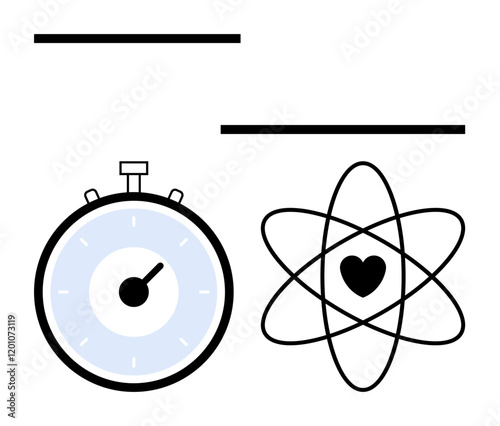 Stopwatch and atom with a central heart symbol. Ideal for themes of time management, science, love, precision, mindfulness, balance, and metaphors connecting time and affection. Line metaphor