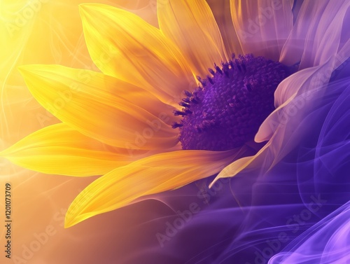 Abstract Sunflower: Yellow Petals with Purple Center on Colorful Background - Made with Generative AI