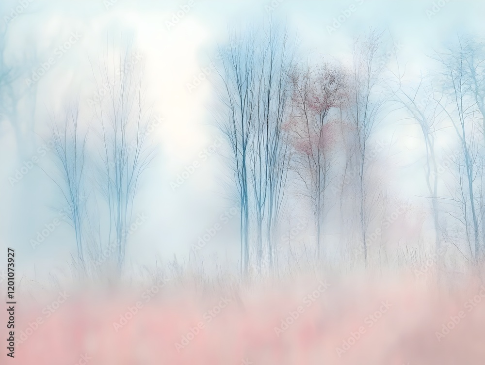 Obraz premium Misty forest landscape with faint silhouettes of trees in a soft blue and gray atmosphere
