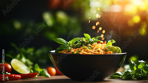 Cambodian Kuy Teav noodle soup, served with fresh lime and chili in a bustling market backdrop, [Authentic Asian breakfasts, soulful warmth] photo