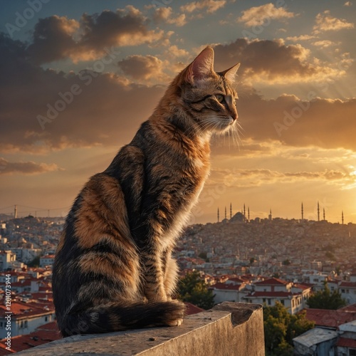 A Turkish street cat perched on a rooftop overlooking Istanbul at sunset.