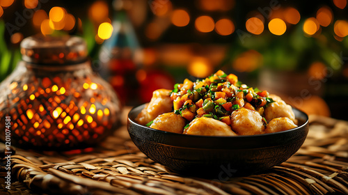 Chadian Boule millet dumplings served with okra sauce, styled with a Sahel desert backdrop, [Central African cuisine, unique heritage] photo