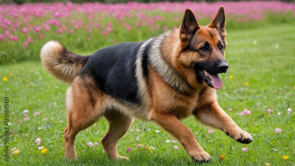 Red and black german shepherd dog in flower field Red and black german shepherd dog in flower field