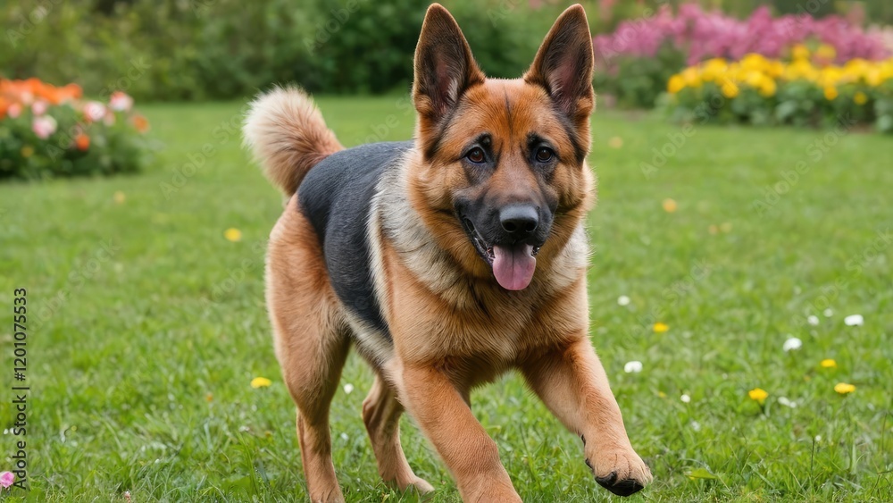 Red and black german shepherd dog in flower field Red and black german shepherd dog in flower field