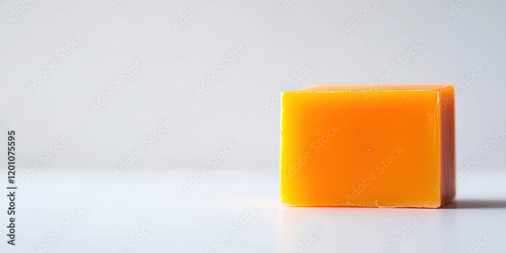 Bright orange rectangular soap positioned on the left against a clean white background with ample empty space for text or design elements.