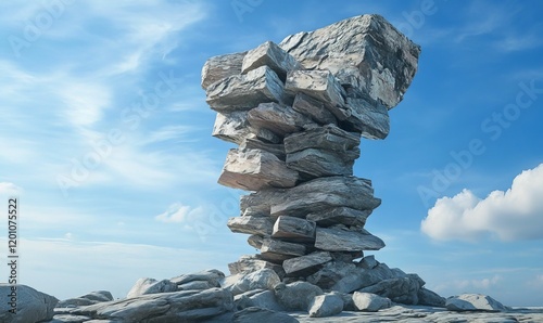 Stacked gray stones reach into blue sky.