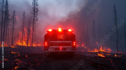 A firetruck parked at the edge of a wildfire zone, its red lights glowing faintly through the thick gray smoke, surrounded by charred ground and fallen trees