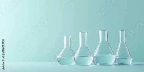 Glass flasks in various shapes filled with water on a light blue backdrop with ample negative space for text on the right side photo