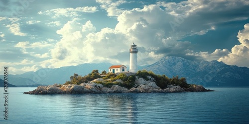 Lighthouse on a small rocky island in the Mediterranean Sea surrounded by calm blue waters mountains in the background under a cloudy sky photo