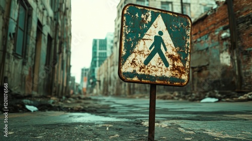 Pedestrian sign in deteriorated urban street.