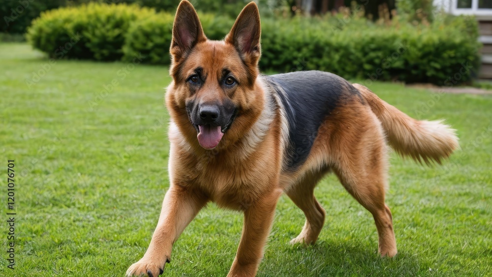 Red and black german shepherd dog in the garden Red and black german shepherd dog in the garden