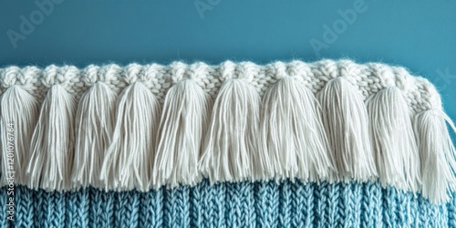 Knitted fabric with white fringe at the top against a smooth blue backdrop showcasing texture and soft tones for textile design concepts