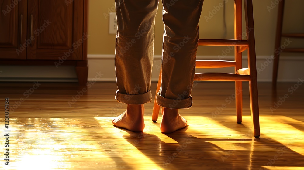 Fototapeta premium Sunlit Hardwood Floor, Bare Feet, Home Interior, Calm