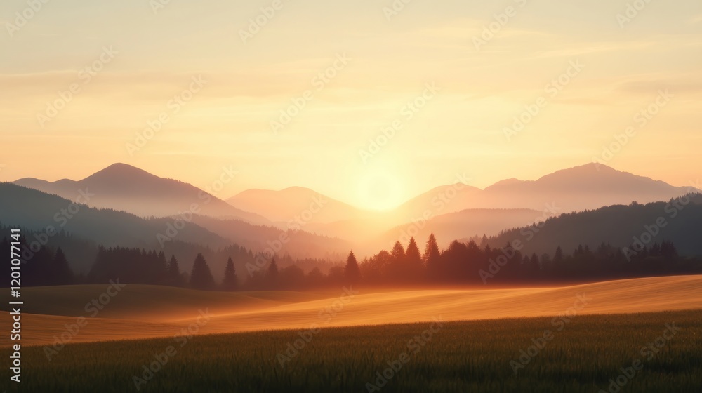Serene Sunrise over Misty Mountains and Golden Fields Scenic Landscape Photography Serene Sunrise over Misty Mountains and Golden Fields Scenic Landscape Photography