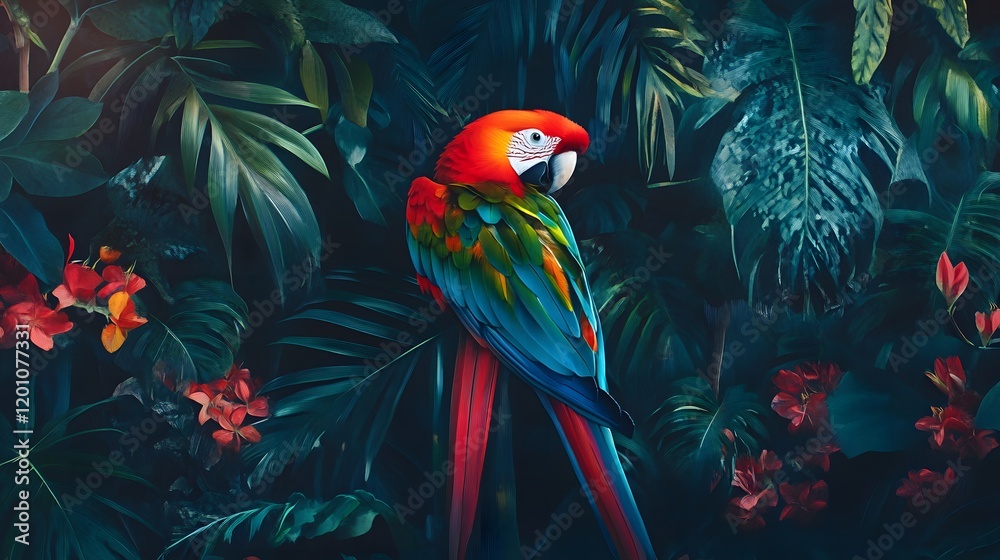 Fototapeta premium Vibrant macaw amidst lush jungle foliage