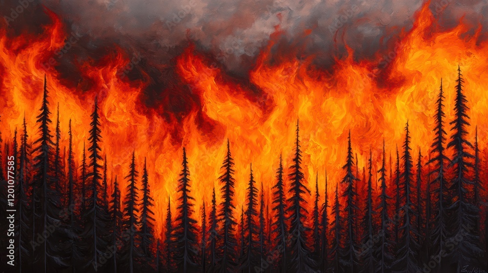 A wall of fire spreading through a pine forest, the intense orange flames climbing the tall trees, sending embers flying high into the air, while dense smoke fills the atmosphere with an ominous orang A wall of fire spreading through a pine forest, the intense orange flames climbing the tall trees, sending embers flying high into the air, while dense smoke fills the atmosphere with an ominous orang
