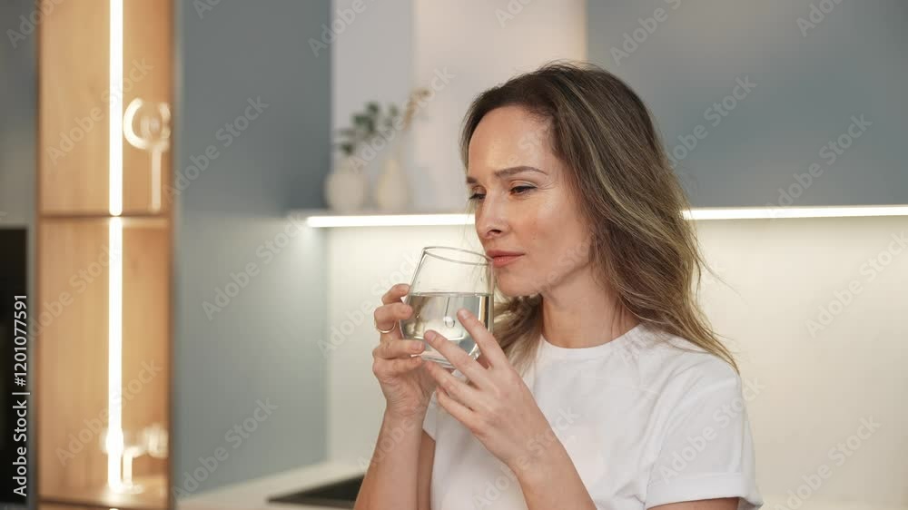 Home interior, woman drinking water from glass standing at the kitchen, health care and water balance. Home interior, woman drinking water from glass standing at the kitchen, health care and water balance.