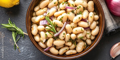 Italian cannellini bean salad in a brown bowl with white beans, red onion, rosemary, and herbs, surrounded by lemon on dark stone backdrop