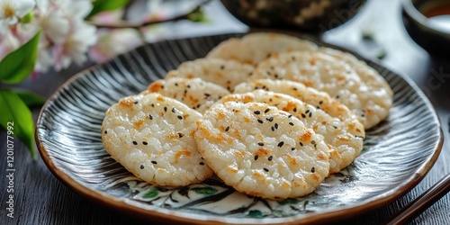 Japanese cuisine Osenbei rice crackers on a decorative plate with black sesame seeds surrounded by soft pink cherry blossoms and wooden table elements photo