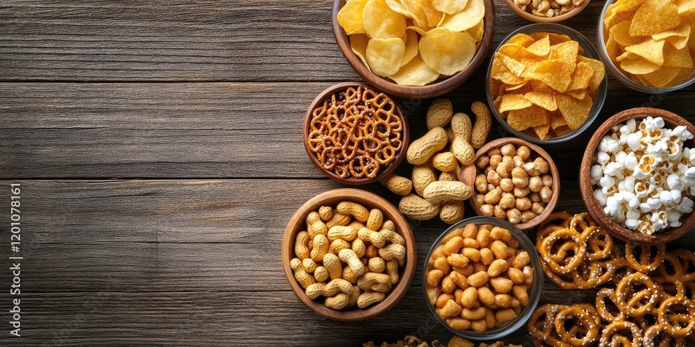 Assorted bowls of unhealthy snacks including potato chips peanuts popcorn and onion rings on rustic wooden surface with warm earthy tones Assorted bowls of unhealthy snacks including potato chips peanuts popcorn and onion rings on rustic wooden surface with warm earthy tones