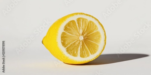 Freshly cut lemon half displaying vibrant yellow flesh and white pith on a soft white background with gentle shadow for depth.