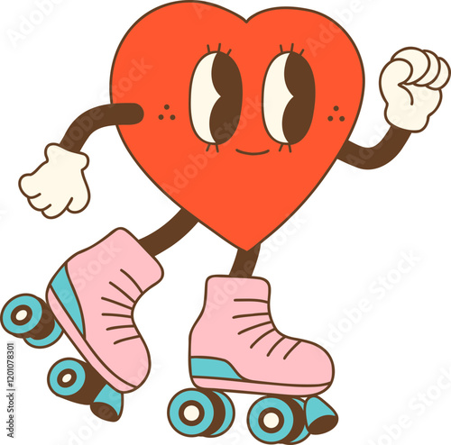 Happy heart character on rollerblades, expressing joy and fun
