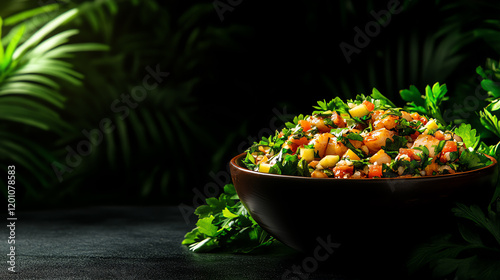 Filipino Kinilaw fish ceviche, styled with tropical fruits and fresh herbs in a sunny island setting, [Southeast Asian seafood, vibrant taste] photo