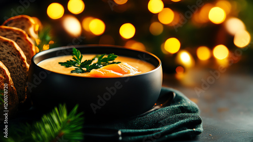 Finnish Kalakeitto creamy salmon soup, served with rye bread in a cozy Scandinavian cabin, [Nordic comfort food, regional traditions] photo