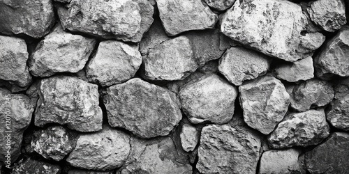 Textured stone wall background in black and white with rough small plastered stones arranged closely, creating a rustic atmospheric effect.