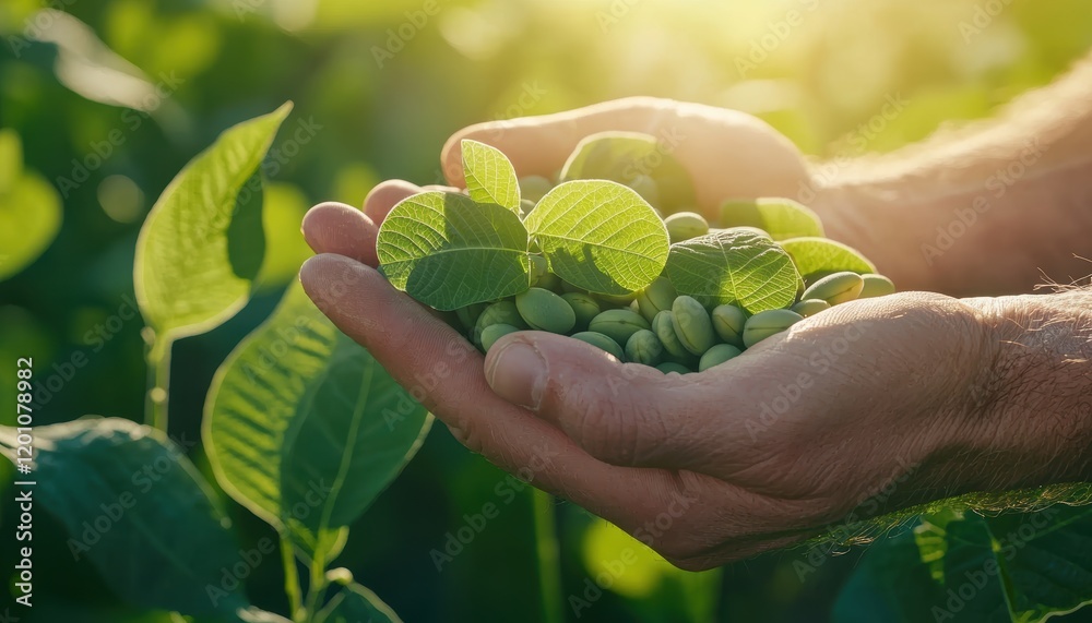 Close-up of a farmer s hands holding a handful of soybeans, with lush green soybean plants in the background under natural sunlight Close-up of a farmer s hands holding a handful of soybeans, with lush green soybean plants in the background under natural sunlight