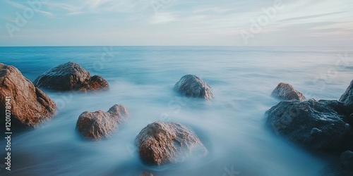 Calm long exposure seascape with smooth ocean backdrop highlighting scattered rocks in soft blue and gray hues with ample copy space on top photo