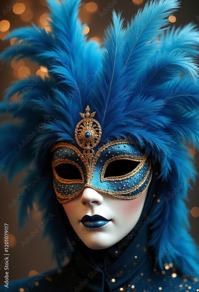 Realistic luxury carnival mask with blue feathers. Abstract blurred background, gold dust, and light effects Realistic luxury carnival mask with blue feathers. Abstract blurred background, gold dust, and light effects