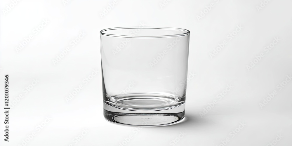 Transparent glass on a white background positioned centrally, with smooth contours and a reflective base creating subtle shadows. Transparent glass on a white background positioned centrally, with smooth contours and a reflective base creating subtle shadows.