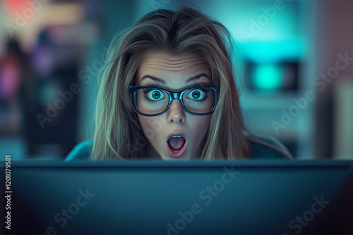 Beautiful surprised girl looking at a computer screen.