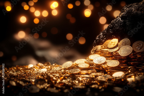 A pile of golden coins scattered on the floor of a dungeon, royal treasury background. photo