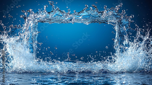 Water splashes forming clear rectangular frame against blue backdrop during bright daylight. Generative AI