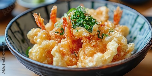 Crispy kakiage tempura with red pickled ginger garnished with sesame seeds and green herbs in a textured black bowl on a wooden table.