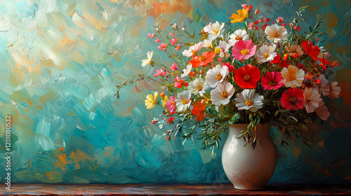 Brightly colored flower arrangement in a vase against a vibrant textured background. Generative AI