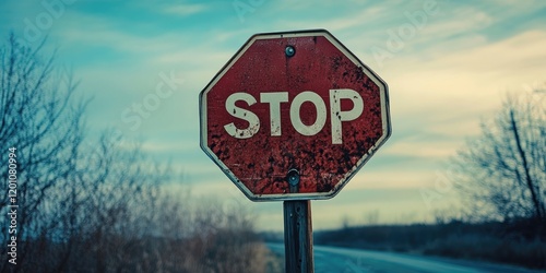 Weathered stop sign with missing letters, creating a symbolic transformation to start against a backdrop of a cloudy sky and barren trees.