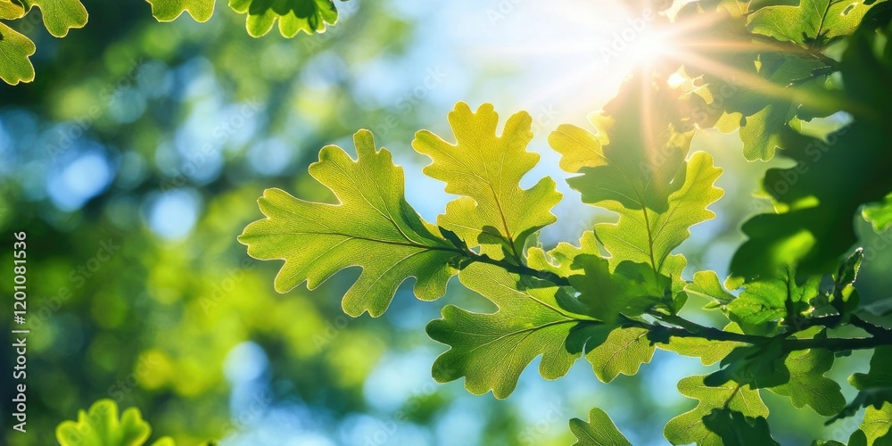 Sunlit oak leaves in vibrant green hues against a bright blue sky, showcasing nature's beauty and the importance of ecological preservation.