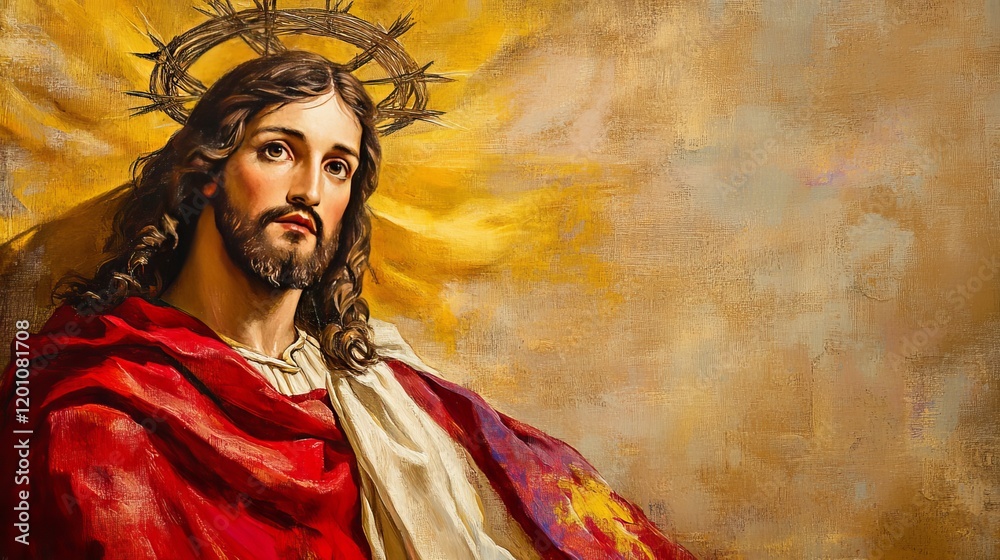 Fototapeta premium A serene figure adorned in rich, flowing robes gazes thoughtfully, surrounded by warm, golden hues that evoke feelings of peace and spirituality, inviting deep contemplation.